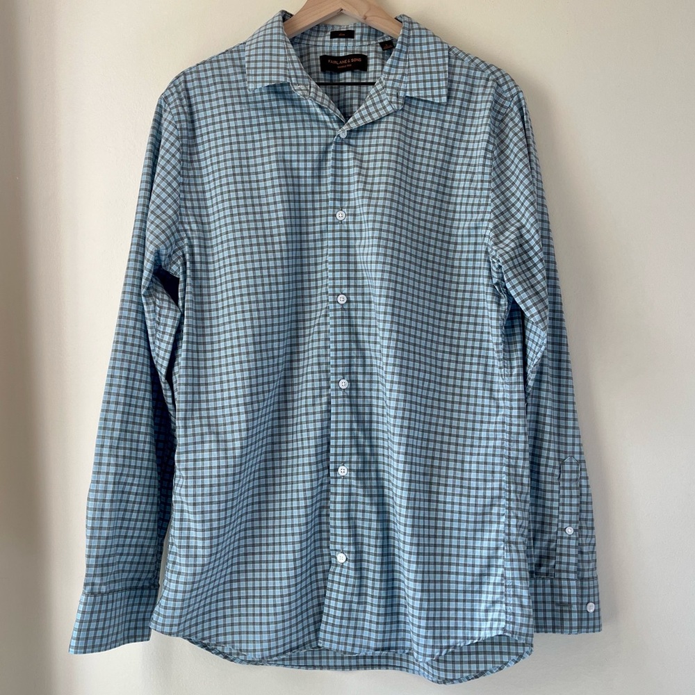 Fairlane & Sons Long Sleeve Button-up Collared Shirt, Blue plaid, Men’s size L